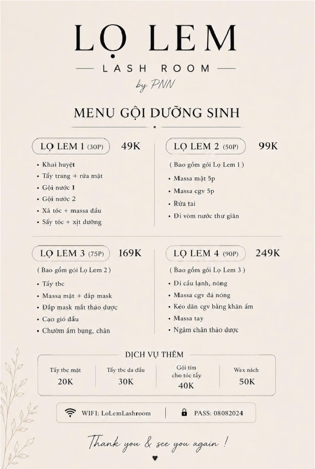 Menu Gội Dưỡng Sinh Lọ Lem Lash Room
